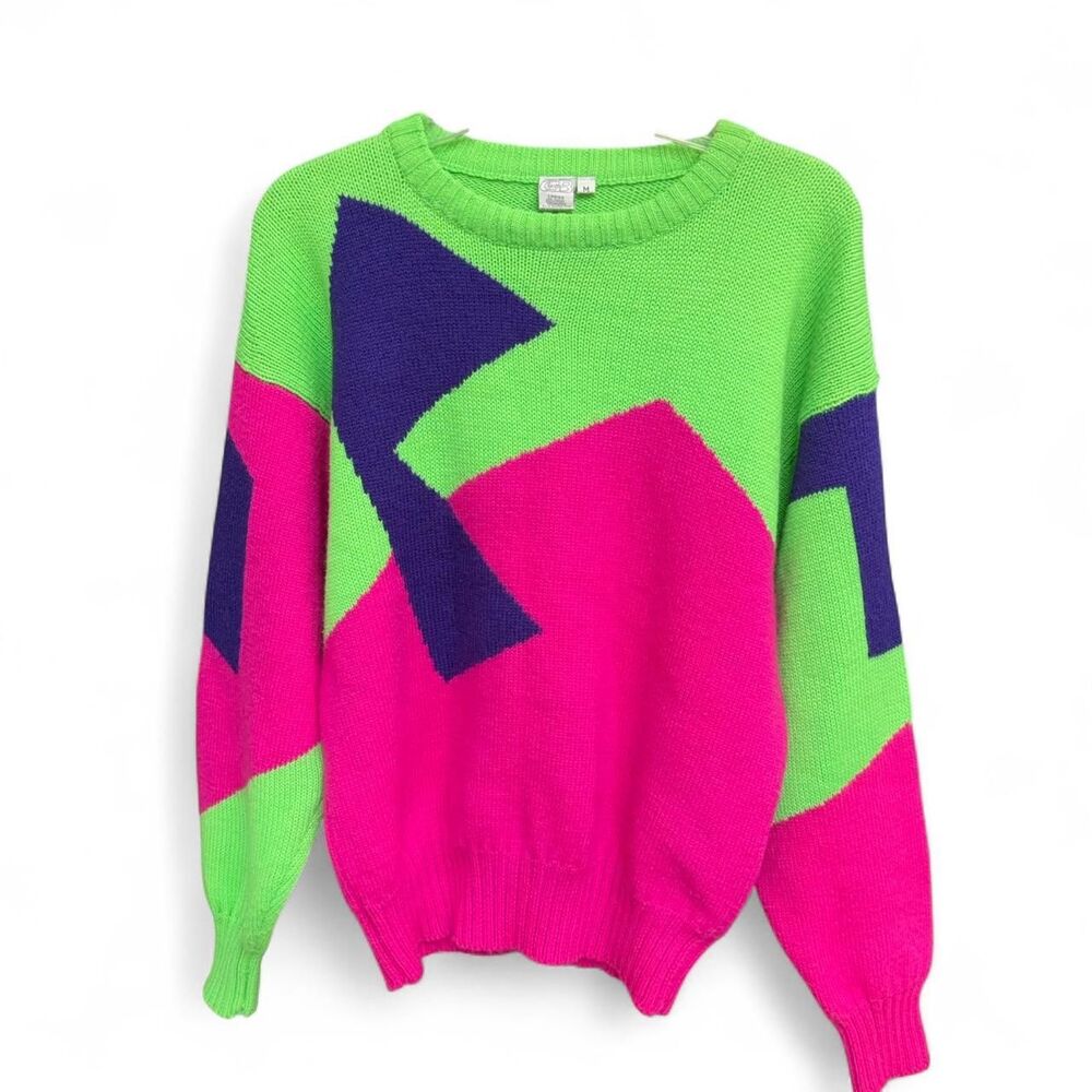 Vintage 80s Sports B neon knit crewneck sweater size M